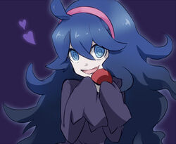  :d @_@ ahoge black_sweater blue_eyes blue_hair commentary_request female hair_between_eyes hairband heart hex_maniac_(pokemon) holding holding_poke_ball image_sample long_hair long_sleeves looking_at_viewer maruki_(punchiki) nicoseiga_sample open_mouth pale_skin poke_ball pokemon pokemon_xy purple_background simple_background sleeves_past_wrists smile solo sweater upper_body 