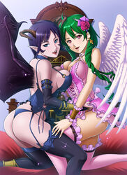  2girls angel_wings ass bat_wings breast_press breasts cleavage commentary_request earrings flower green_eyes green_hair hair_ornament horns jewelry large_breasts lingerie long_hair multiple_girls original panties photoshop_(medium) purple_hair rakusai_(saisai_garou) red_eyes short_hair single_horn thighhighs thong underwear wings 