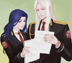  1boy acca_13-ku_kansatsu-ka blue_hair commentary_request female grossular holding holding_paper long_hair luvsyung mauve_(acca) necktie paper papers photoshop_(medium) purple_eyes red_necktie smile standing straight uniform white_hair 