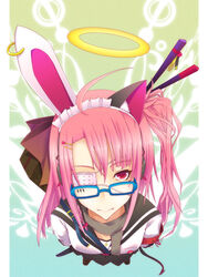  ahoge animal_ears armband asymmetrical_hair blue-framed_eyewear blunt_bangs bow braid cat_ears commentary_request demon_tail earrings eyepatch facial_mark female flat_chest from_above glasses guitar_case hair_ornament hair_stick hairbow hairpin halo headphones instrument_case jewelry kanzashi katana koumei_(harmonizer) large_bow long_hair maid_headdress messy_hair mole mole_under_eye original photoshop_(medium) pink_hair rabbit_ears red_eyes scarf school_uniform serafuku sheath sheathed side_braid single_braid single_earring smile solo star_(symbol) sword tail ultimate_moe ume_(koumei) weapon 