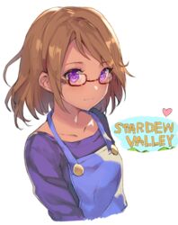  blush brown_hair commentary_request copyright_name dark-skinned_female dark_skin female glasses looking_at_viewer maru_(stardew_valley) momoko_(momopoco) overalls purple_eyes semi-rimless_eyewear short_hair smile solo stardew_valley upper_body white_background 