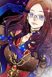  blue_eyes breasts brown_hair choker fate/grand_order fate_(series) female glasses gloves jacket jewelry leonardo_da_vinci_(fate/grand_order) lips long_hair smile 