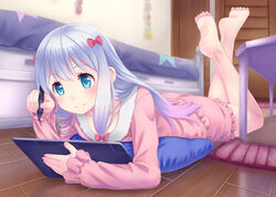  aqua_eyes barefoot bedroom blouse blush bow closed_mouth collarbone commentary drawing drawing_tablet eromanga_sensei female frills gradient_hair grey_hair hairbow holding indoors izumi_sagiri koko_(koko3) long_hair long_sleeves lying multicolored_hair on_stomach pajamas pink_bow pink_hair pink_shirt pink_shorts shirt shorts smile soles solo stylus the_pose wooden_floor 