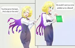  ^_^ baker_at_bat blonde_hair cape cleavage_cutout ellen_baker glasses glynda_goodwitch green_eyes iesupa leggings new_horizon open_mouth pantyhose parody rwby simple_background smile solo speech_bubble teacher uniform 