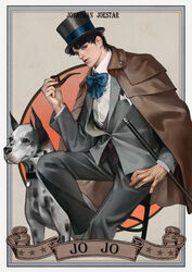  1boy black_hair blue_eyes cane canine character_name collar danny_(jojo) dog_collar formal frame hat jacket jacket_on_shoulders jojo_no_kimyou_na_bouken jonathan_joestar necktie pipe realistic saibasidian sitting stool suit top_hat zluu 