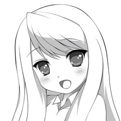  blush chloe_lemaire commentary_request female girlfriend_(kari) greyscale kirua_(nikohina) long_hair looking_at_viewer monochrome open_mouth simple_background smile solo upper_body white_background 