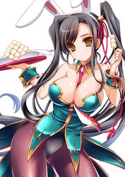  animal_ears bare_shoulders between_breasts black_hair breasts cleavage commentary_request female food hairband kan&#039;u_(koihime_musou) koihime_musou large_breasts long_hair looking_at_viewer monety necktie pantyhose photoshop_(medium) playboy_bunny rabbit_ears smile solo tray underwear wrist_cuffs yellow_eyes 