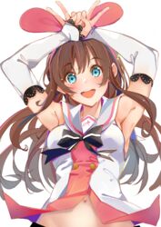  :d armpits arms_up blue_eyes brown_hair commentary detached_sleeves double_v english_commentary eyes_visible_through_hair female highres kizuna_ai kizuna_ai_inc. lace-trimmed_sleeves lace_trim long_hair looking_at_viewer midriff_peek multicolored_hair navel open_mouth pink_hair sailor_collar simple_background smile solo streaked_hair sweat two-tone_hair upper_body v virtual_youtuber white_background white_sailor_collar xhunzei 