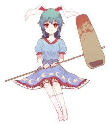  :3 ambiguous_red_liquid animal_ears blue_dress blue_hair dress female full_body gradient_hair hammer keemoringo kine long_hair looking_at_viewer mallet multicolored_hair protected_link puffy_short_sleeves puffy_sleeves rabbit_ears red_eyes seiran_(touhou) short_hair short_sleeves simple_background sitting smile socks solo stain touhou white_background white_socks 