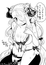  bikini blush bow bow_bikini braid breasts cleavage commentary_request cosplay cowboy_shot draph female frilled_bikini frills girls_und_panzer granblue_fantasy greyscale hair_over_one_eye hair_pulled_back hairband highres horns katana large_breasts long_hair low-tied_long_hair monochrome narmaya_(granblue_fantasy) narmaya_(granblue_fantasy)_(cosplay) narmaya_(summer)_(granblue_fantasy) official_alternate_costume parted_lips pointy_ears sasaki_akebi side-tie_bikini_bottom solo standing sweat swimsuit sword takuji_yuusaku translated twin_braids wavy_mouth weapon white_bikini 