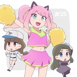  3girls alternate_hairstyle aqua_eyes bad_id bad_twitter_id baseball_cap baseball_uniform black_legwear blue_eyes blunt_bangs braid brown_eyes brown_hair cheerleader dress facial_mark flower flower_fairy_(osomatsu-kun) hair_flower hair_intakes hair_ornament hashimoto_nyaa hat jyushimatsu&#039;s_girlfriend long_hair meggu_o midriff multicolored_hair multiple_girls osomatsu-kun osomatsu-san osomatsu_(series) outside_border pantyhose pink_hair pom_pom_(cheerleading) sheeeh! shorts socks sportswear streaked_hair sweat twintails whisker_markings 