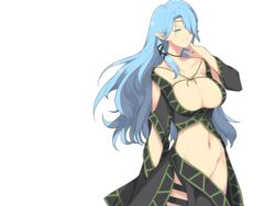  blue_eyes blue_hair breasts cleavage convenient_censoring elf evenicle female game_cg highres huge_breasts legs long_hair looking_at_viewer mound_of_venus navel no_panties pointy_ears simple_background smile solo standing thighs yaegashi_nan 