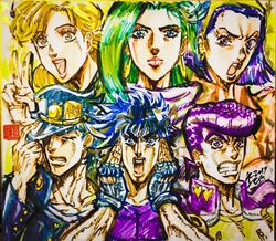  2017 aqua_eyes araki_hirohiko_(style) ashiya_kouhei battle_tendency blonde_hair blue_eyes blue_hair clenched_teeth closed_eyes collarbone commentary_request diamond_wa_kudakenai fingerless_gloves gakuran gloves green_hair hands_on_own_cheeks hands_on_own_face hat heart higashikata_josuke higashikata_tomoko highres jojo_no_kimyou_na_bouken joseph_joestar joseph_joestar_(young) kujo_holy kujo_jotaro lipstick lisa_lisa makeup mother_and_son open_mouth pink_lips pompadour purple_eyes purple_hair school_uniform signature stardust_crusaders sweat teeth traditional_media v 