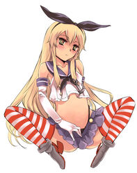  bad_id bad_pixiv_id blonde_hair bow commentary_request elbow_gloves female gloves green_eyes hairbow kantai_collection long_hair photoshop_(medium) pleated_skirt school_uniform serafuku shimakaze_(kancolle) skirt solo striped_clothes striped_thighhighs thighhighs white_background yuu_(kfc) 