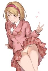  blazer blonde_hair bow bowtie brown_eyes collared_shirt commentary_request djeeta_(granblue_fantasy) female granblue_fantasy hairband hanarito heart jacket panties pink_hairband pink_jacket plaid plaid_skirt pleated_skirt school_uniform shirt skirt solo transparent_background tsubakigaoka_metropolitan_high_school_uniform underwear v white_shirt 