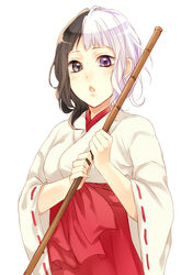  bad_id bad_pixiv_id black_eyes black_hair chestnut_mouth donten_ni_warau female heterochromia japanese_clothes miko mizuki_hau multicolored_hair nishiki_(donten_ni_warau) purple_eyes ribbon-trimmed_sleeves ribbon_trim solo two-tone_hair white_hair 