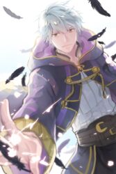  1boy cape fire_emblem fire_emblem_awakening fire_emblem_heroes hood looking_at_viewer male_focus protected_link robin_(fire_emblem) robin_(male)_(fire_emblem) s_upernova smile solo white_hair 