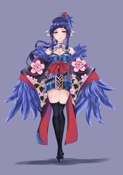  absurdres bad_id bad_pixiv_id bare_shoulders bell black_thighhighs blue_background blue_hair breasts cojohn commentary_request detached_sleeves female floral_print full_body highres itsumade_(onmyoji) japanese_clothes jingle_bell long_hair looking_at_viewer medium_breasts mole mole_under_eye onmyoji original pink_eyes ponytail sandals sidelocks simple_background smile solo standing tabi thighhighs umbrella_hair_ornament winged_arms wings 