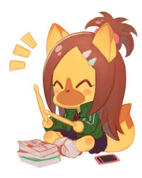  ^^^ ^_^ blush_stickers book book_stack brown_hair cellphone closed_eyes commentary_request drumsticks female fox_girl furry furry_female hair_ornament hairclip half_updo indian_style jacket kittun_(show_by_rock!!) long_hair murakami_hisashi no_mouth phone photoshop_(medium) school_uniform serafuku show_by_rock!! simple_background sitting smartphone smartphone_case solo track_jacket white_background 