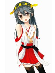  :d arms_behind_back bare_shoulders black_hair boots brown_eyes commentary_request detached_sleeves female hairband haruna_(kancolle) huuyu_1z kantai_collection long_hair looking_at_viewer nontraditional_miko open_mouth skirt smile solo thigh_boots thighhighs zettai_ryouiki 