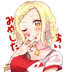  artist_name blonde_hair blush bra_strap bracelet braid braided_bangs breasts cleavage commentary_request female jewelry large_breasts love_live! love_live!_nijigasaki_high_school_idol_club love_live!_school_idol_festival miyashita_ai nail_polish necklace oerba_yun_fang one_eye_closed pearl_bracelet red_nails shima_(mahirooon) signature simple_background solo twitter_username upper_body v white_background yellow_eyes 