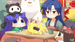  4girls ajipon akane_yuki animal animal_on_head blue_eyes blue_hair brown_eyes candle chihyaa clone cup darth_wooser food fork fruit gift haruka-san hat highres idolmaster idolmaster_(classic) jitome kisaragi_chihaya kotatsu long_hair lying multiple_girls namae_wo_yonde_wa_ikenai_ano_doubutsu on_head open_mouth party_hat puchimasu! strawberry table title triangle_mouth wooser_(character) wooser_no_sono_higurashi 