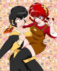  1boy bandana black_hair blush box box_of_chocolates braid brown_dress candy carrying chocolate commentary_request dress female food genderswap_(mtf) heart heart-shaped_chocolate hibiki_ryouga hibiki_yoiko highres oerba_yun_fang open_mouth pants patterned_background ranma-chan ranma_1/2 red_hair rule_63 shirt short_dress short_twintails smile suzusato_rinka sweatdrop thighhighs twin_braids twintails 