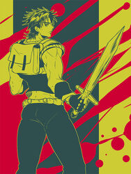  1boy backpack bad_id bad_pixiv_id bag from_behind holding holding_sword holding_weapon jojo_no_kimyou_na_bouken jonathan_joestar limited_palette luck_and_pluck male_focus phantom_blood photoshop_(medium) solo sword tank_top ty_1865 weapon 