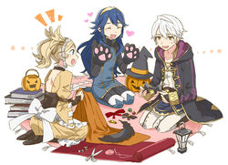  1boy 2girls ^^^ animal_ears animal_hands backless_outfit black_footwear blonde_hair blue_eyes blue_footwear blue_hair book book_stack boots cat_ears closed_eyes commentary_request feathers fire_emblem fire_emblem_awakening fire_emblem_heroes gloves hair_ornament hat heart jack-o&#039;-lantern lantern lissa_(fire_emblem) long_hair long_sleeves looking_at_another lucina_(fire_emblem) menoko multiple_girls open_mouth pants paw_gloves ribbed_sweater ribbon robe robin_(fire_emblem) robin_(male)_(fire_emblem) scissors seiza shoes short_hair sitting smile spool string sweatdrop sweater thigh_boots thighhighs turtleneck twintails vest white_hair wide_sleeves witch_hat yellow_eyes 