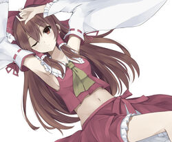  armpits ascot bow breasts brown_hair commentary_request crop_top detached_sleeves female frown hair_tubes hairbow hakurei_reimu hand_on_own_head huuyu_1z long_hair looking_at_viewer lying medium_breasts midriff navel on_back one_eye_closed red_bow red_eyes red_skirt ribbon-trimmed_sleeves ribbon_trim sideboob skirt skirt_set solo touhou 