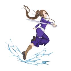  boots brown_eyes brown_footwear brown_hair female floating_hair full_body hair_ribbon head_tilt holding holding_sword holding_weapon jacket leg_up long_hair long_sleeves looking_at_viewer official_art pants ponytail purple_jacket purple_pants ribbon simple_background solo sortiliena_serlut sword sword_art_online sword_art_online:_code_register uniform very_long_hair weapon white_background white_ribbon 