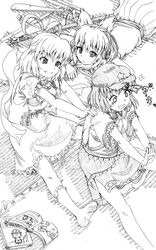  3girls assisted_stretching booklet commentary_request dress earmuffs exercising greyscale hair_ornament hair_rings hair_stick hat hat_ornament kaku_seiga miyako_yoshika monochrome multiple_girls ofuda outstretched_arms short_hair skirt smile star_(symbol) star_hat_ornament stretching touhou toyosatomimi_no_miko wrwr 