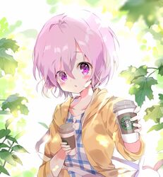  ahoge b_rock bad_id bad_pixiv_id bag beige_jacket blush cup disposable_coffee_cup disposable_cup drink eyes_visible_through_hair fate_(series) female giving hair_between_eyes holding hood hood_down hooded_jacket incoming_drink jacket leaf looking_at_viewer maple_leaf mash_kyrielight mash_kyrielight_(senpai_killer_outfit) official_alternate_costume open_mouth plaid purple_eyes purple_hair short_hair shoulder_bag solo starbucks upper_body 