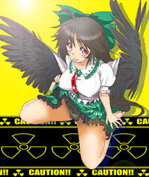  :3 :p ahoge bare_legs barefoot between_breasts bird_wings black_wings bow bow_panties breasts brown_hair cape caution clothes_lift collared_shirt commentary_request covered_nipples feathered_wings female frilled_shirt frilled_shirt_collar frilled_skirt frills from_above full_body green_bow green_panties green_skirt hairbow lifting_own_clothes long_hair looking_at_viewer looking_up nakamura_3sou panties puffy_short_sleeves puffy_sleeves radiation_symbol red_eyes reiuji_utsuho shirt short_sleeves sitting skirt skirt_lift smile solo third_eye tongue tongue_out touhou underwear wariza white_cape white_shirt wing_collar wings 