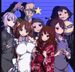  1boy 6+girls :p :t apron bald beard blazer blue_dress blush breasts brown_eyes brown_hair commentary_request dress dress_shirt facial_hair folding_fan front_ponytail fujita_yasuko grey_hair group_picture hair_ornament hand_fan headphones height_chart holding jacket japanese_clothes jewelry kainou_yoshiko kimono kiseru kokaji_sukoya large_breasts long_hair looking_at_viewer mihirogi_uta miniskirt mizuhara_hayari multiple_girls necklace necktie noyori_risa oonuma_shuuichirou open_mouth photoshop_(medium) pose purple_eyes purple_hair saki_(manga) saki_achiga-hen shirt short_hair skirt smile smoking_pipe standing star_(symbol) sweatdrop tongue tongue_out twintails white_shirt wristband yaku_yojino 