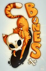  2011 ambiguous_gender bone bones_(jotaku) character_name crossbones digital_media_(artwork) domestic_cat felid feline felis feral fur jotaku mammal mask orange_body orange_fur simple_background skull skull_mask solo tail text 