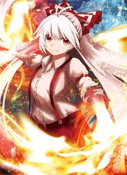  bow commentary_request female fire fujiwara_no_mokou hairbow long_hair moni_(credo) red_eyes solo suspenders torn_clothes torn_sleeves touhou very_long_hair white_hair 