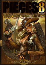  belt blonde_hair blue_eyes blush breasts cleavage corset cover cover_page cowboy cowboy_hat cowboy_western female fingerless_gloves fingernails fringe_trim gloves gun handgun hat highres holster holstered horseshoe jacket juliona_trans large_breasts long_fingernails long_hair open_mouth photoshop_(medium) revolver shell_casing sheriff_badge shirow_masamune shoulder_holster smile solo teeth weapon wild_wet_west zipper 