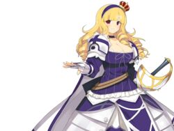  armor belt blonde_hair blush breasts cleavage crown dress drill_hair evenicle female female game_cg hairband highres large_breasts legs long_hair looking_at_viewer natal parted_lips purple_eyes simple_background smile solo standing sword thighs weapon yaegashi_nan 