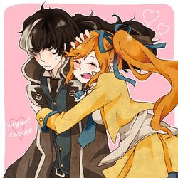  arm_grab black_hair bow couple gyakuten_saiban gyakuten_saiban_5 hair_ornament hand_on_head heart hug kizuki_kokone multicolored_hair orange_hair ponytail yuugami_jin 