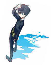  androgynous artist_request black_eyes black_hair covering_face female hand_covering_face kino kino_no_tabi looking_away multi_color_shadow pouch_bags shadow short_hair simple_background solo standing tagme white_background 