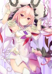  1boy astolfo_(fate) blush braid cape commentary_request cosplay dress fate/apocrypha fate/grand_order fate_(series) flower gloves hair_intakes hair_ribbon hat long_hair looking_at_viewer male_focus marie_antoinette_(fate) marie_antoinette_(fate)_(cosplay) marie_antoinette_(third_ascension)_(fate) marie_antoinette_(third_ascension)_(fate)_(cosplay) oerba_yun_fang open_mouth otoko_no_ko p_answer pink_hair purple_eyes ribbon single_braid sleeveless smile solo thighhighs 