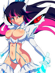  blue_hair breasts cleavage commentary_request cosplay dual_wielding female green_eyes highres holding huge_breasts junketsu kill_la_kill kiryuuin_satsuki kiryuuin_satsuki_(cosplay) long_hair multicolored_hair nabe_(ingenmame) navel panty_&amp;_stocking_with_garterbelt pink_hair simple_background smile solo stocking_(psg) sword thighhighs weapon white_background white_thighhighs 