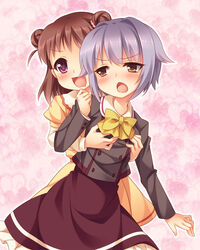  2girls :d blush bow brown_hair dress drooling flat_chest flat_chest_grab frown grabbing grabbing_from_behind groping hair_flaps heart heart-shaped_pupils heart_background idolmaster idolmaster_cinderella_girls koshimizu_sachiko momojiri_aya multiple_girls munakata_atsumi open_mouth pink_eyes purple_hair school_uniform short_hair skirt smile symbol-shaped_pupils yellow_eyes yuri 