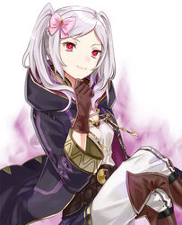  belt boots breasts brown_footwear brown_gloves cleavage cloak commentary_request crossed_legs female fire fire_emblem fire_emblem_awakening fire_emblem_heroes gloves grey_hair grima_(fire_emblem) hair_ribbon hand_on_own_chin hood hooded_cloak leather leather_gloves long_hair menoko pants purple_fire red_eyes ribbon robe robin_(female)_(fire_emblem) robin_(fire_emblem) shirt small_breasts solo twintails 