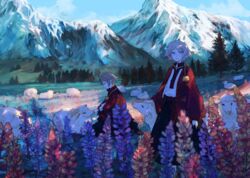  2girls androgynous animal blue_eyes commentary_request day flock flower from_side grass headpat highres kneeling lupinus_(flower) mountain multiple_girls nature original outdoors profile scenery sheep sky standing sumi_(pixiv619693) tree 