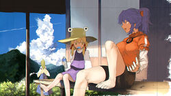  3girls barefoot black_skirt blonde_hair bottle cloud commentary_request day dress food from_behind green_hair hat holding holding_bottle kinketsu kochiya_sanae long_hair moriya_suwako mountain multiple_girls open_mouth outdoors ponytail popsicle purple_hair sitting skirt standing touhou water_bottle yasaka_kanako yellow_eyes 