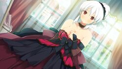  bare_shoulders blush breasts cleavage curtains dress elbow_gloves evenicle female female game_cg gloves hair_bun hair_up highres large_breasts looking_at_viewer mirror ramius red_eyes solo standing white_hair window yaegashi_nan 