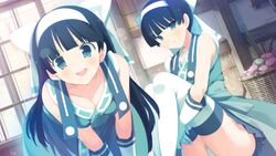  2girls black_hair blue_eyes blush breasts cleavage evenicle game_cg gloves hairband highres japanese_clothes kinou kyou large_breasts leaning_forward leg_hug legs long_hair looking_at_viewer multiple_girls open_mouth panties short_hair sitting skirt smile staring thighhighs thighs underwear white_legwear yaegashi_nan 