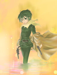  androgynous artist_request female gun kino kino_no_tabi long_coat pouch_bags revolver scarf short_hair solo tagme weapon 